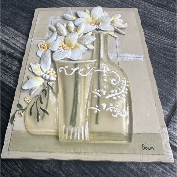 Vintage 3D Wall Art Floral Tiles White Floral in Resin Vases by Boem - Picture 3 of 10
